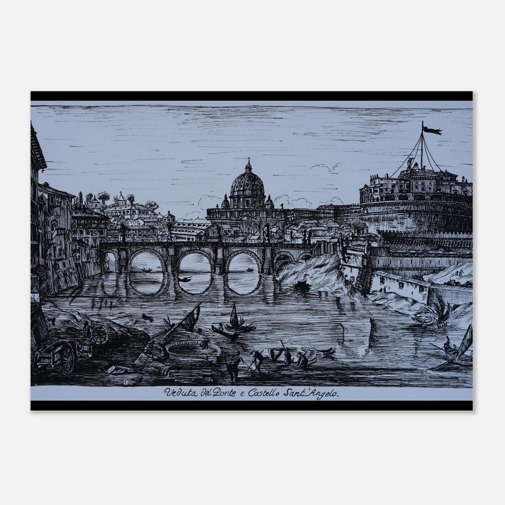 Black and white illustration of the Rome San Pietro church and Castel Sant'Angelo and cityscape with a bridge over the river water