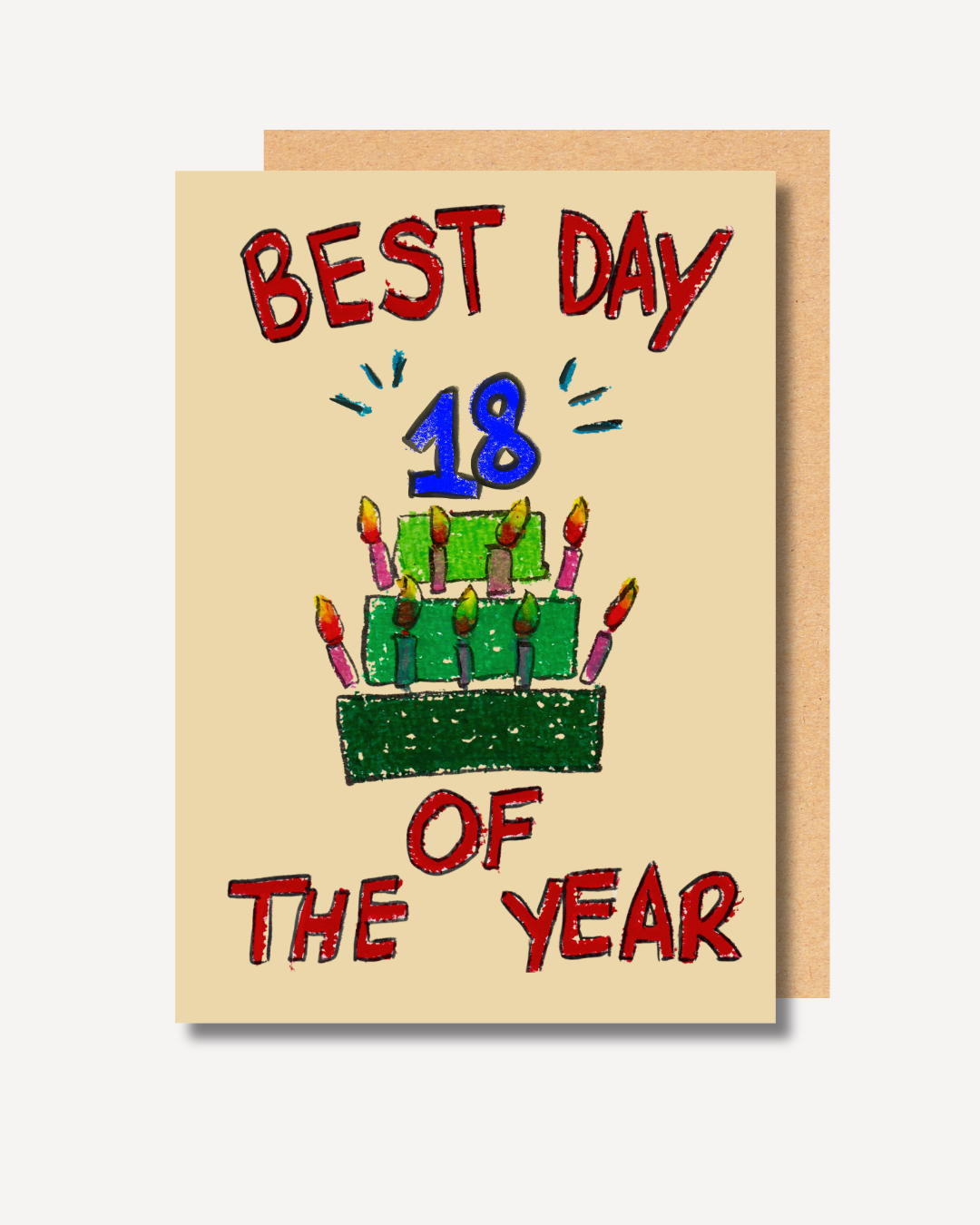 A greeting card with a hand-drawn style illustration of a birthday cake and candles, with the text 'BEST DAY OF THE YEAR' and a large blue '18' on the front, shown with a kraft envelope behind it.