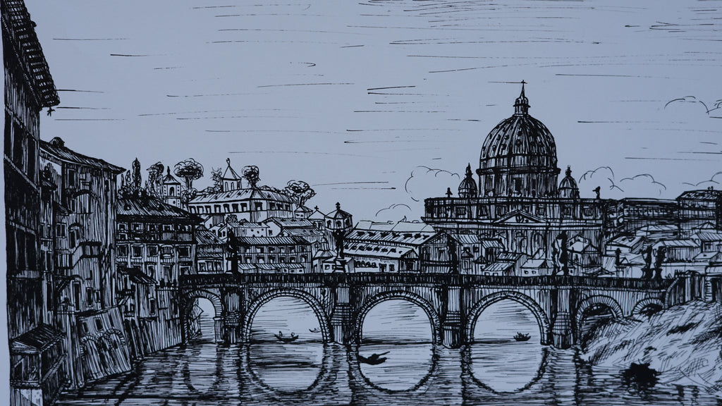 Black and white illustration of the Rome San Pietro church and cityscape with a bridge over water