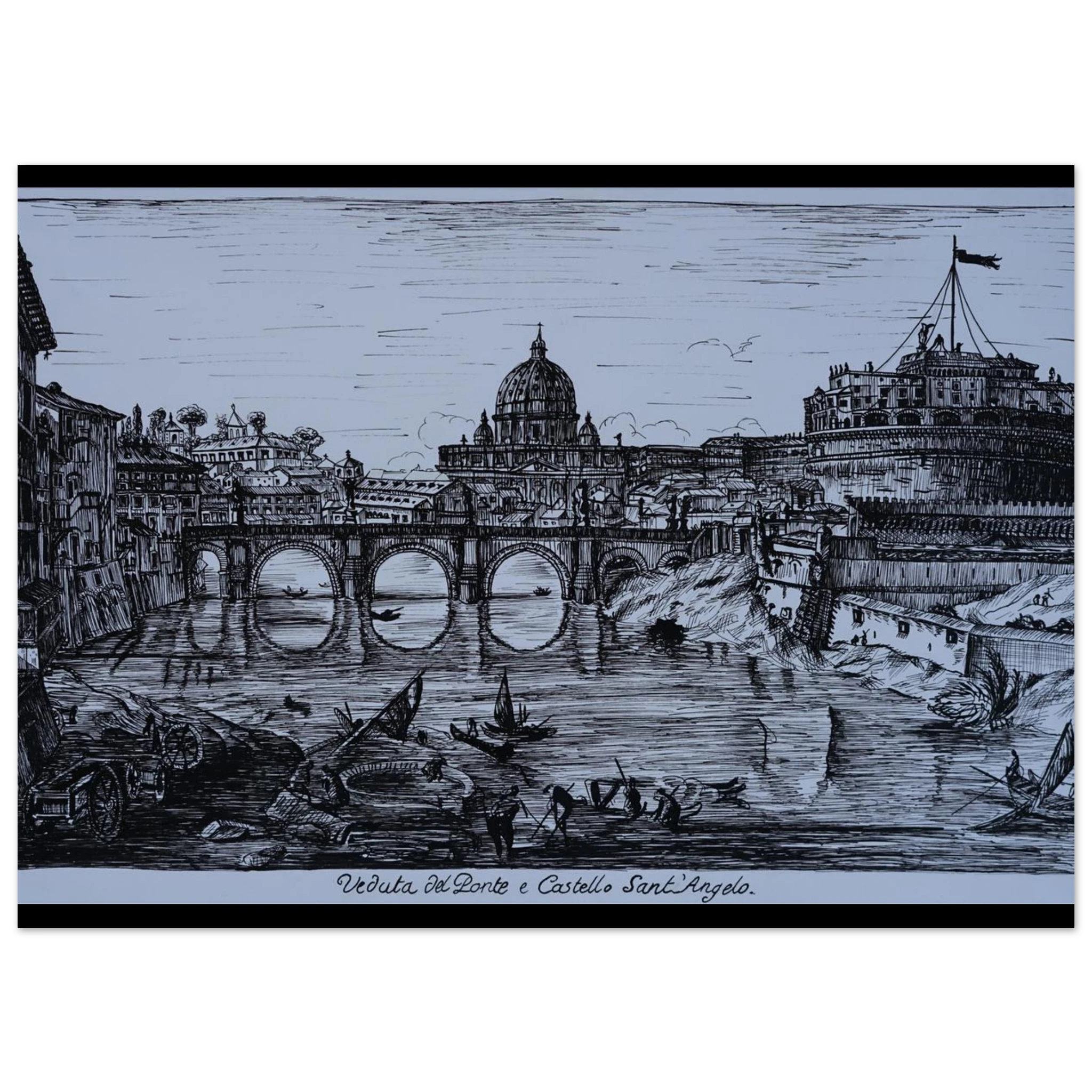 Black and white illustration of the Rome San Pietro church and Castel Sant'Angelo and cityscape with a bridge over the river water