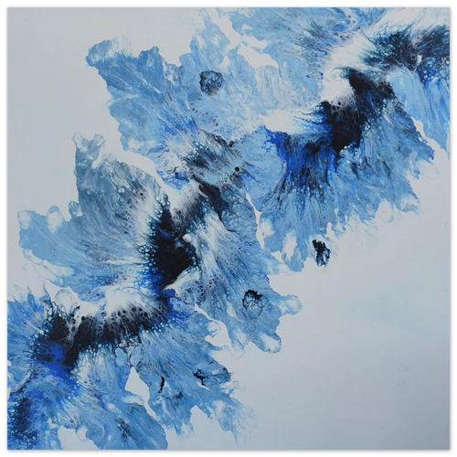 Abstract blue and black painting on a white canvas 